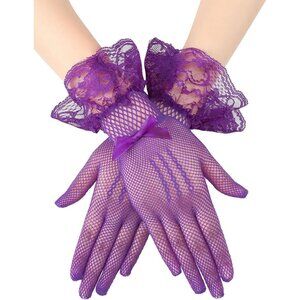 Women's Elegant Purple Short Bow Style Lace Gloves Dinner Wedding Party Tea Prom